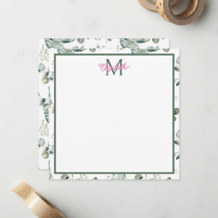 Pink Flowers and Green Leaves on White Monogram Card