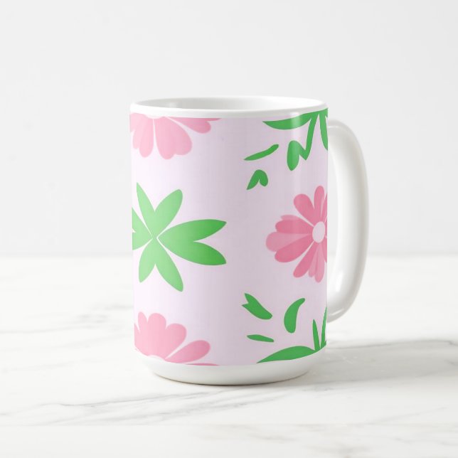 Pink flowers and green leaves seamless pattern coffee mug (Front Right)