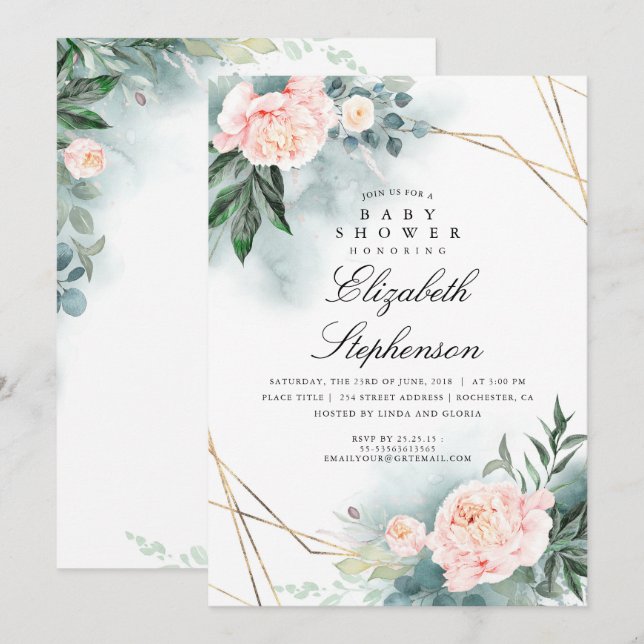 Pink Flowers and Greenery Elegant Baby Shower Invitation (Front/Back)
