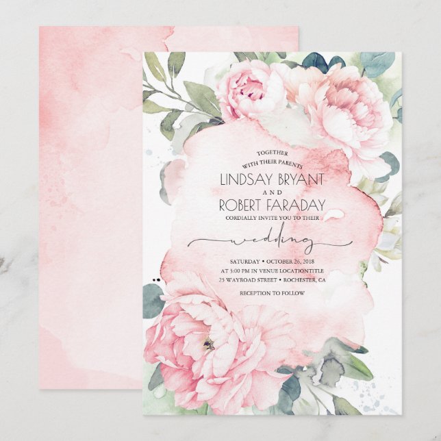 Pink Flowers and Greenery Elegant Vintage Wedding Invitation (Front/Back)