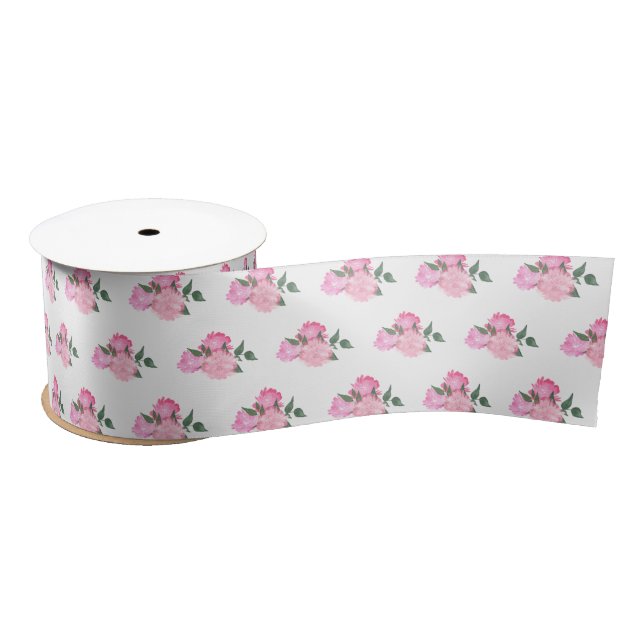 Pink Flowers and Greenery Pattern Satin Ribbon (Spool)