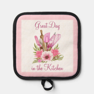 Pink Flowers and Kitchen Utensils Customizable Pot Holder
