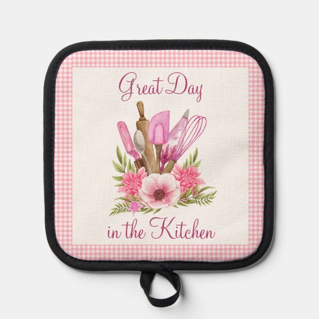 Pink Flowers and Kitchen Utensils Customizable Pot Holder (Front)