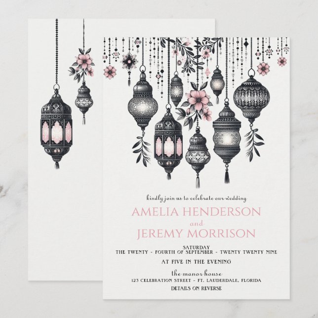 Pink Flowers and Lanterns QR Code Wedding Invitation (Front/Back)