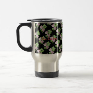 Pink flowers and leaf design original painting art travel mug