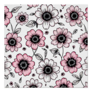 Pink flowers and leaves sketch design poster