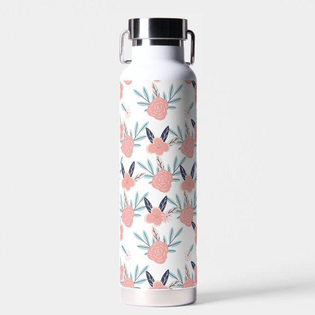 Pink Flowers And Leaves   Water Bottle (Front)