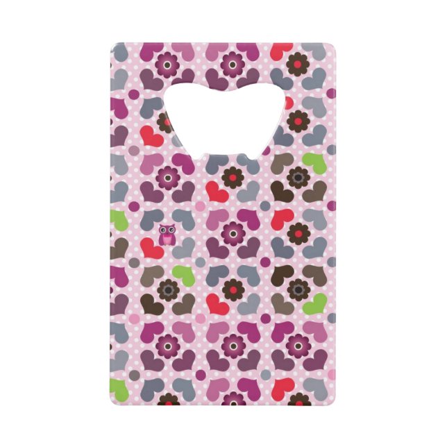 pink flowers and owls pattern credit card bottle opener (Front)