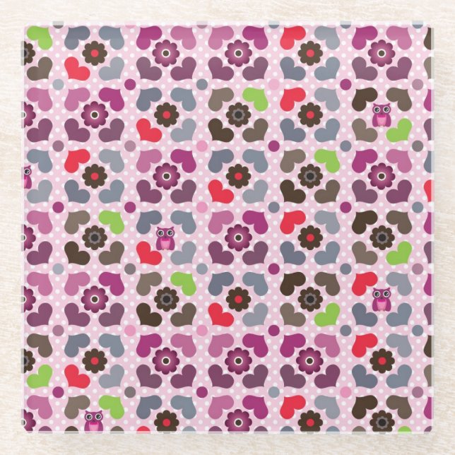 pink flowers and owls pattern glass coaster (Front)