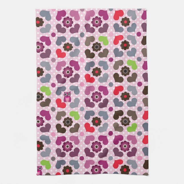 pink flowers and owls pattern kitchen towel (Vertical)
