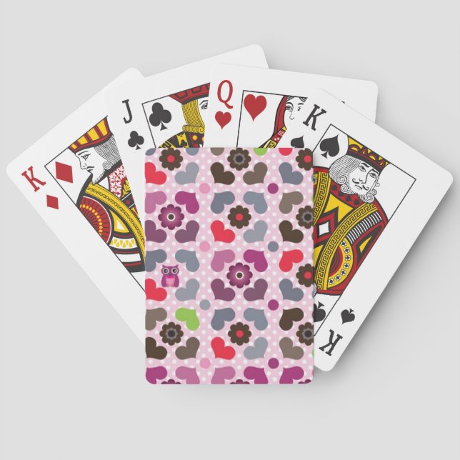 pink flowers and owls pattern playing cards (Back)