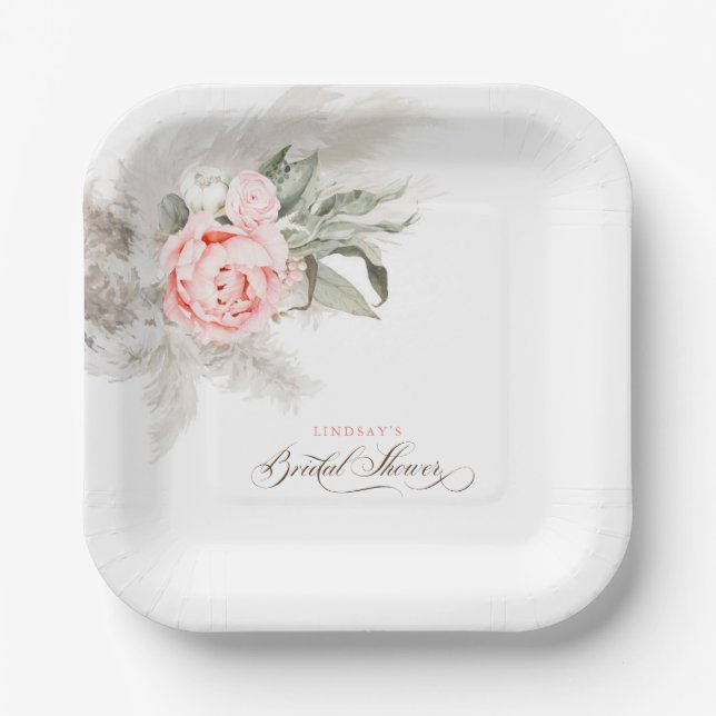 Pink Flowers and Pampas Grass Boho Bridal Shower Paper Plate (Front)