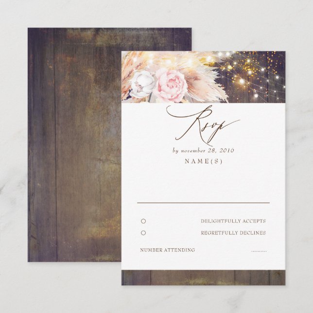 Pink Flowers and Pampas Grass Wedding RSVP Card (Front/Back)