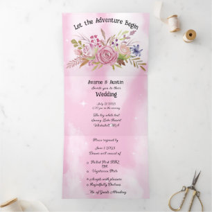  Pink Flowers and Pink Starry Sky Tri-Fold Invitation