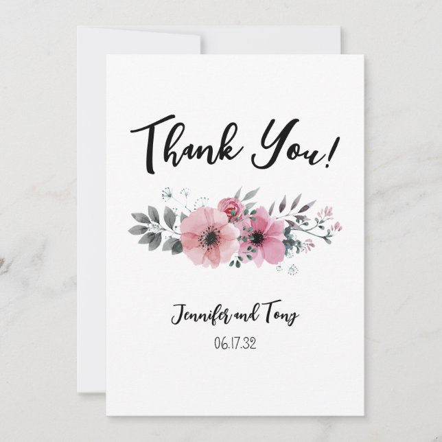 Pink Flowers and Rose Wedding Thank You Note Card (Front)