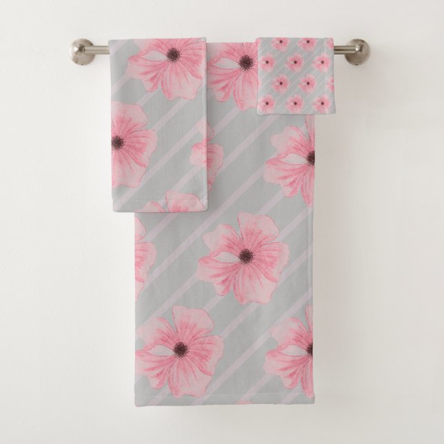 Pink Flowers And Stripes Bath Towel Set (Insitu)