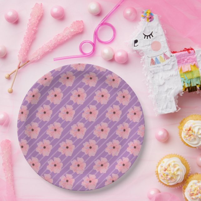 Pink Flowers And Stripes Paper Plates (Party)
