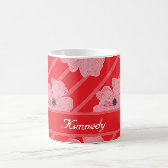 Pink Flowers And Stripes Personalized Coffee Mug (Center)