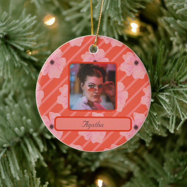 Pink Flowers And Stripes Personalized Ornament  (Tree)
