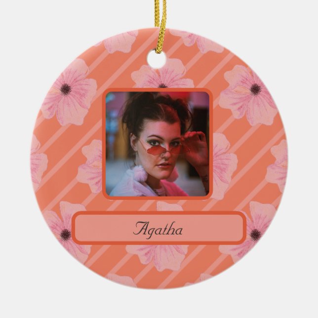 Pink Flowers And Stripes Personalized Ornament  (Front)