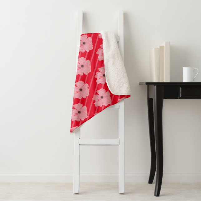 Pink Flowers And Stripes Sherpa Blanket (In Situ)