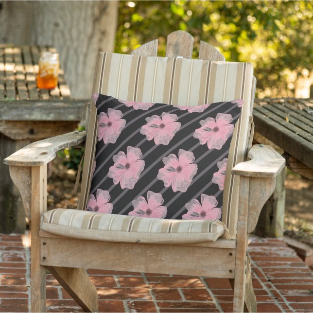 Pink Flowers And Stripes Throw Pillow (Chair)