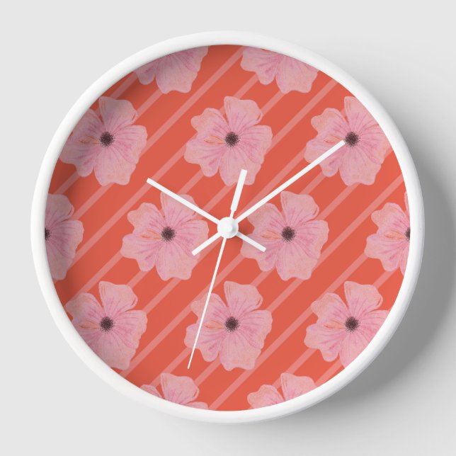 Pink Flowers And Stripes Wall Clock (Front)