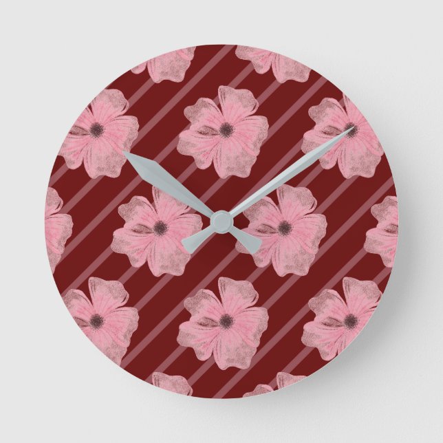 Pink Flowers And Stripes Wall Clock (Front)