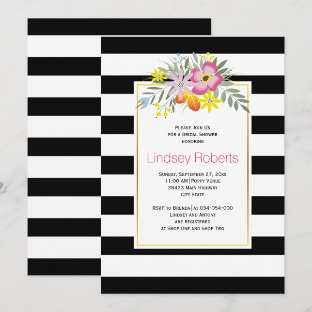 Pink flowers and stripes wedding bridal shower invitation (Front/Back)