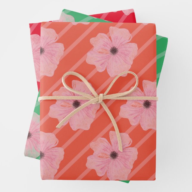 Pink Flowers And Stripes Wrapping Paper Sheets (In situ)
