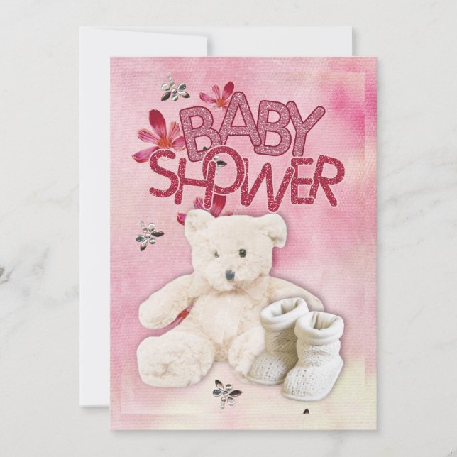 Pink Flowers and Teddybear Babyshower Invitation (Front)
