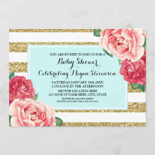 Pink Flowers Aqua Gold Stripes Baby Shower Invitation