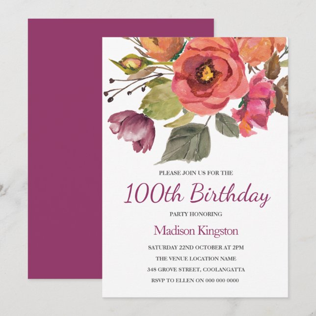 Pink Flowers Autumn Breeze 100th Birthday Invite (Front/Back)