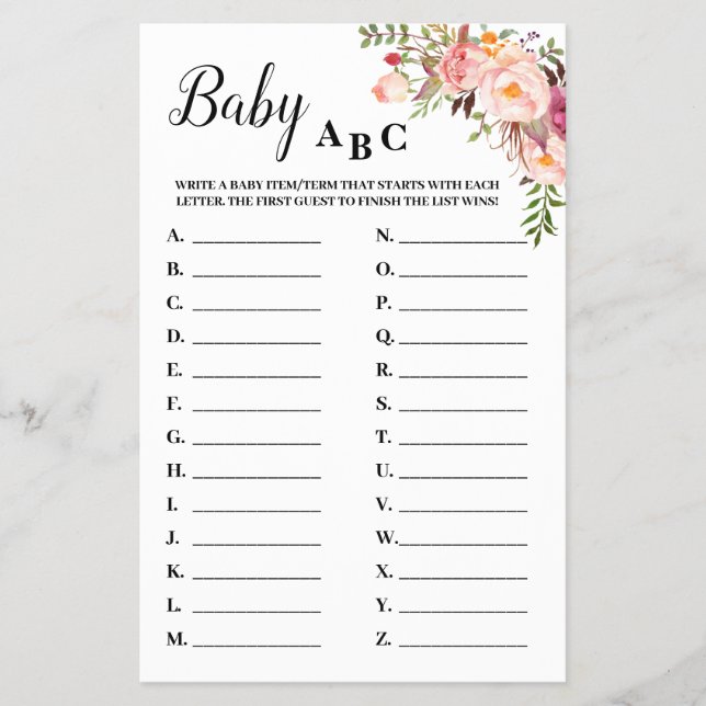 Pink Flowers Baby ABC Baby Shower Game Card (Front)