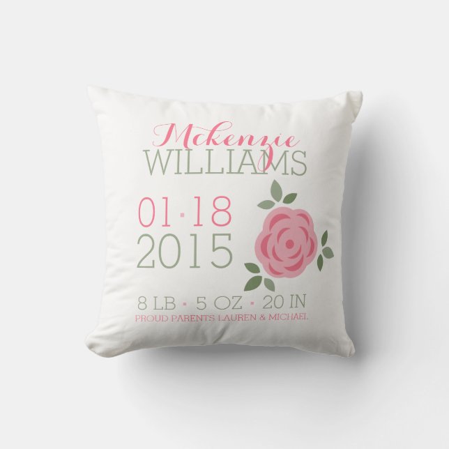 Pink Flowers Baby Birth Announcement Throw Pillow (Front)