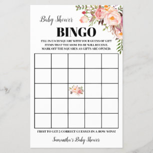 Pink Flowers Baby Shower Bingo Game Card