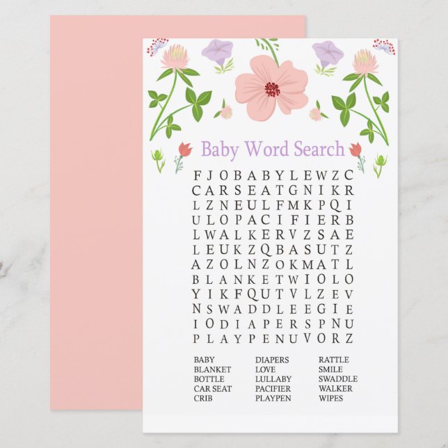 Pink Flowers Baby Shower Word Search Game (Front/Back)
