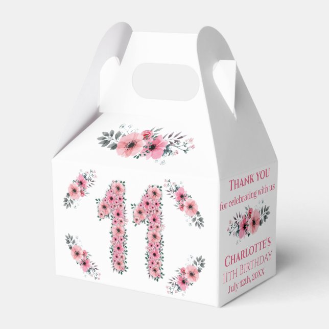 Pink Flowers Big 11th Birthday Girl Green Foliage Favor Box (Front Side)