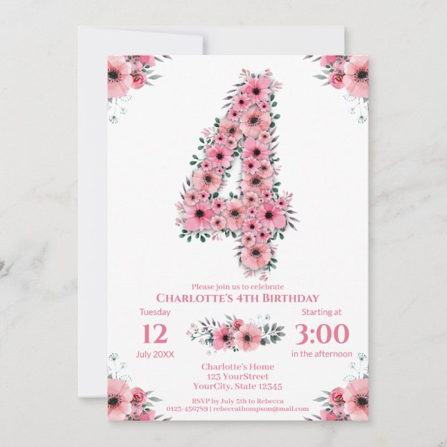 Pink Flowers Big 4th Birthday Girl Green Foliage Invitation (Front)