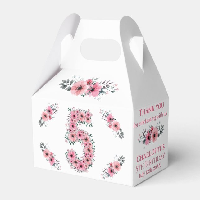 Pink Flowers Big 5th Birthday Girl Green Foliage Favor Box (Front Side)