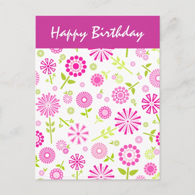 Pink Flowers Birthday Postcard (Front)