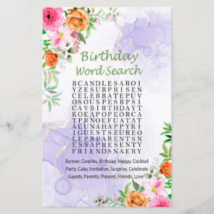 Pink Flowers Birthday Word Search Game