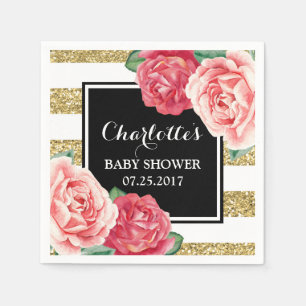 Pink Flowers Black Gold Stripes Baby Shower Napkin