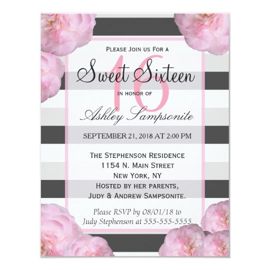 Pink Flowers & Black, Grey, & White Stripes Card