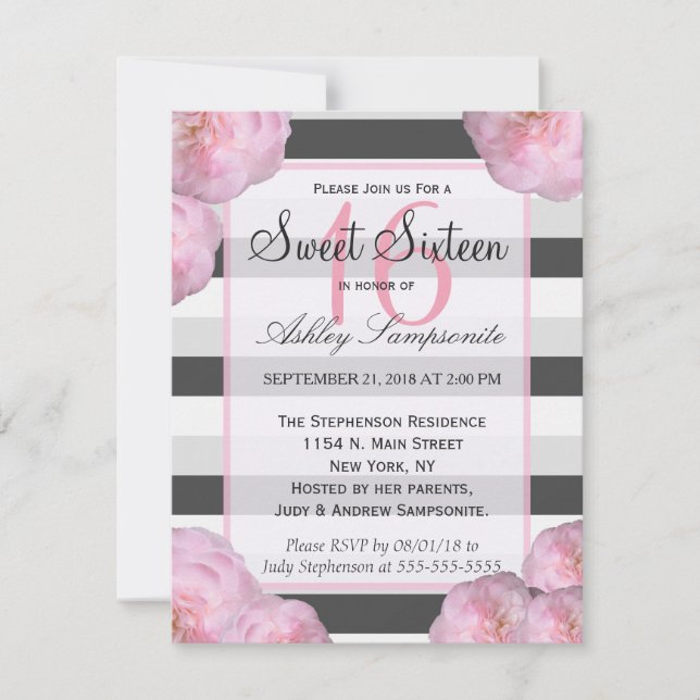 Pink Flowers & Black, Grey, & White Stripes Invitation (Front)