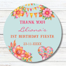 Pink Flowers Blue Fiesta 1st Birthday Favour