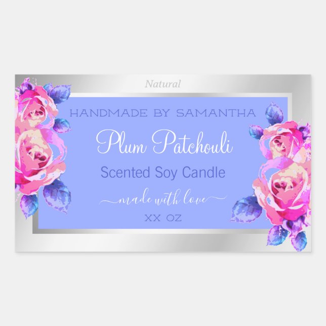 Pink Flowers Blue Silver Product Packaging Labels (Front)