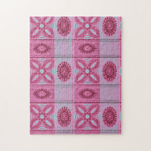 pink flowers blue stripes vintage art Pattern  Jigsaw Puzzle