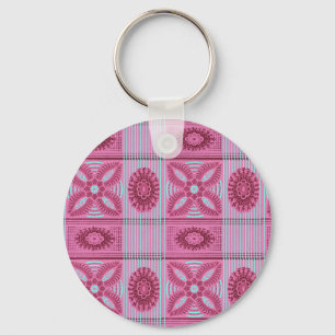 pink flowers blue stripes vintage art Pattern  Keychain