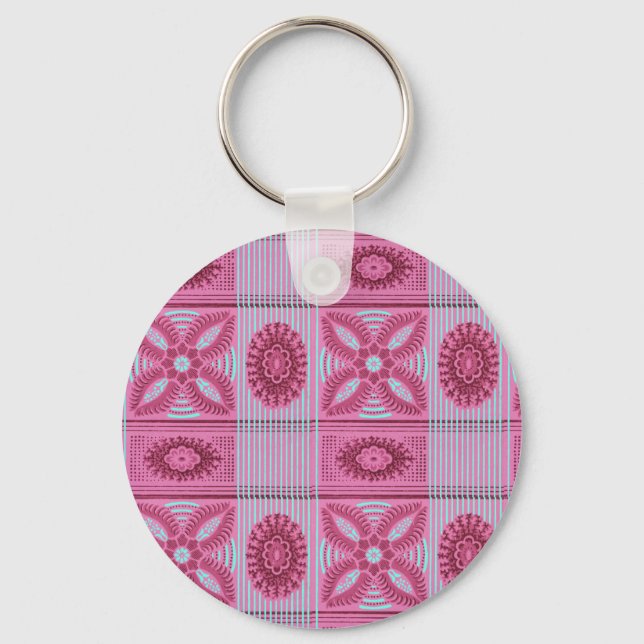 pink flowers blue stripes vintage art Pattern  Keychain (Front)
